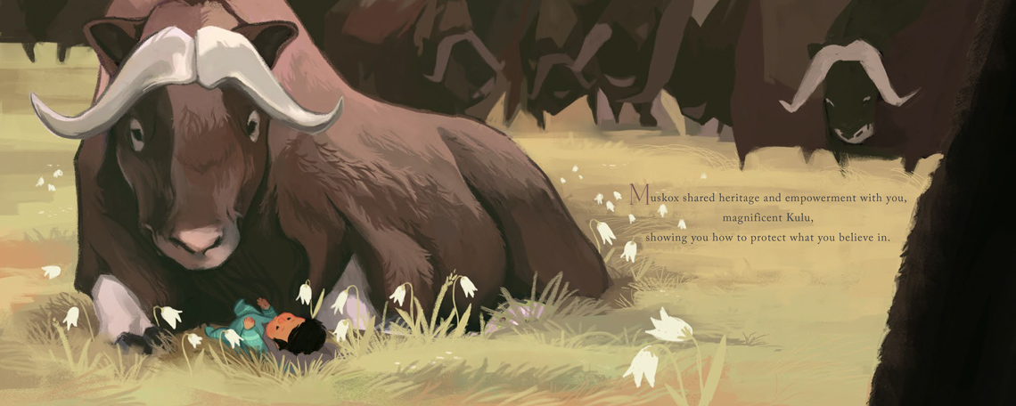 A Muskox sits down with a baby in a field.