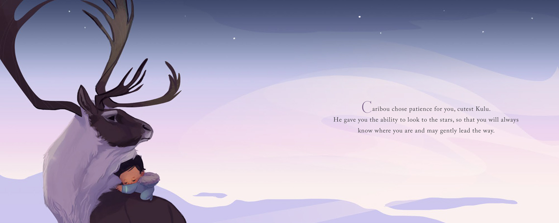 A baby sits on the back of a caribou.