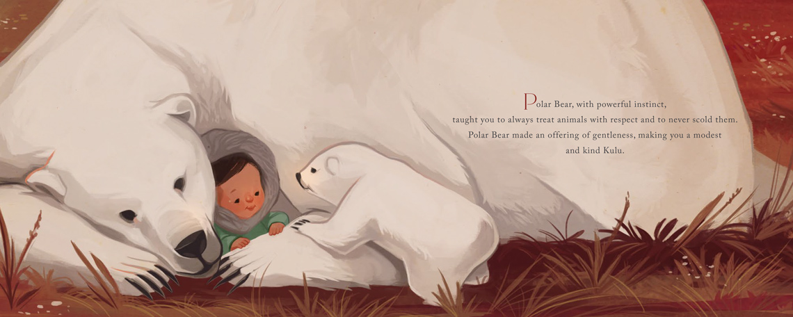 A baby cuddles with an adult polar bear while being visited by a baby polar bear.