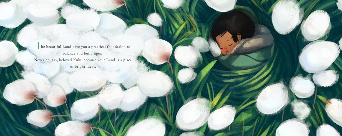 A swaddled baby in the grass surrounded by Arctic cotton.