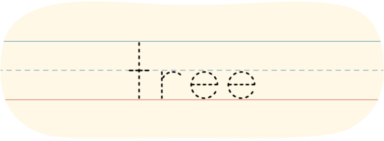 A piece of lined paper with a dotted line showing how to print the word 'tree.'