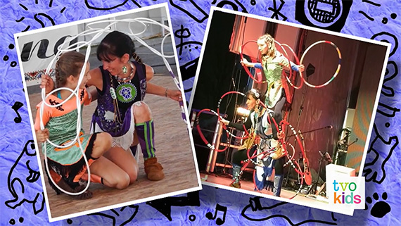 Two photographs of Emily and her mom performing hoop dancing together on stage.