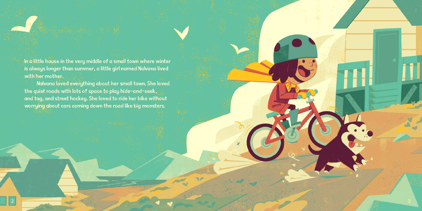 A child wears a cape and a helmet while riding a bike. A dog runs beside them.
