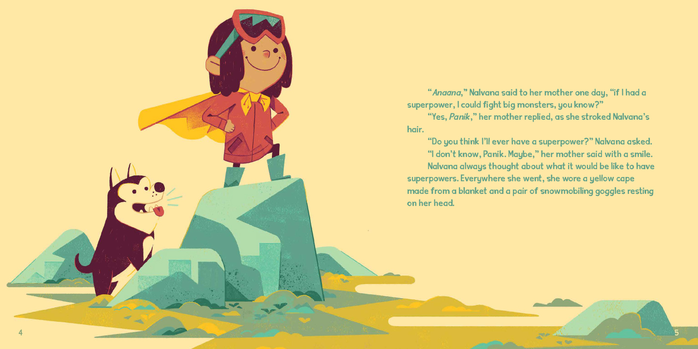 A child with a cape and snowmobile goggles resting on their head stands on top of a rock proudly with a dog by their side.