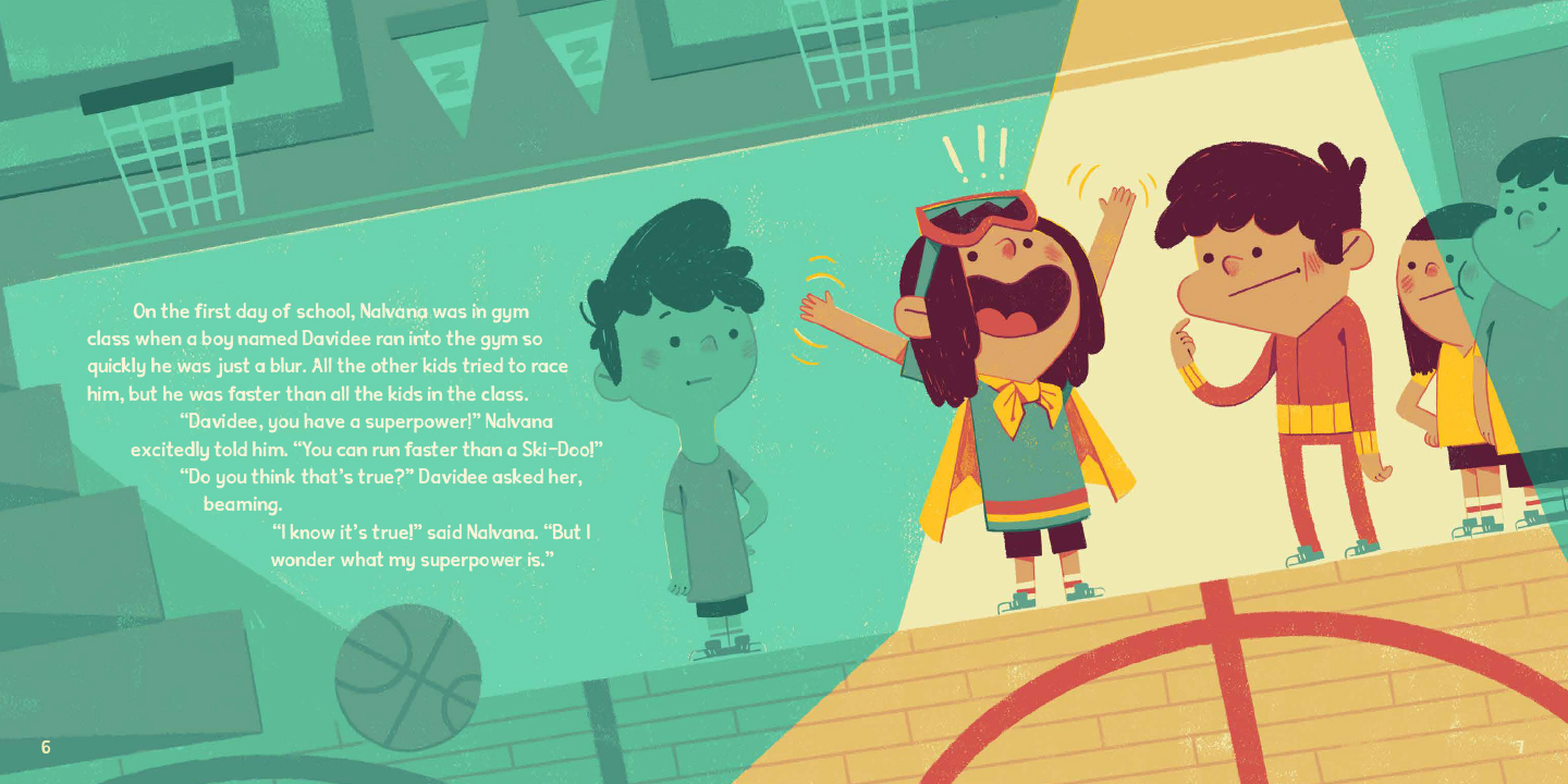 A group of children on a basketball court. A child with a cape and snowmobile googles talks excitedly with another child. 