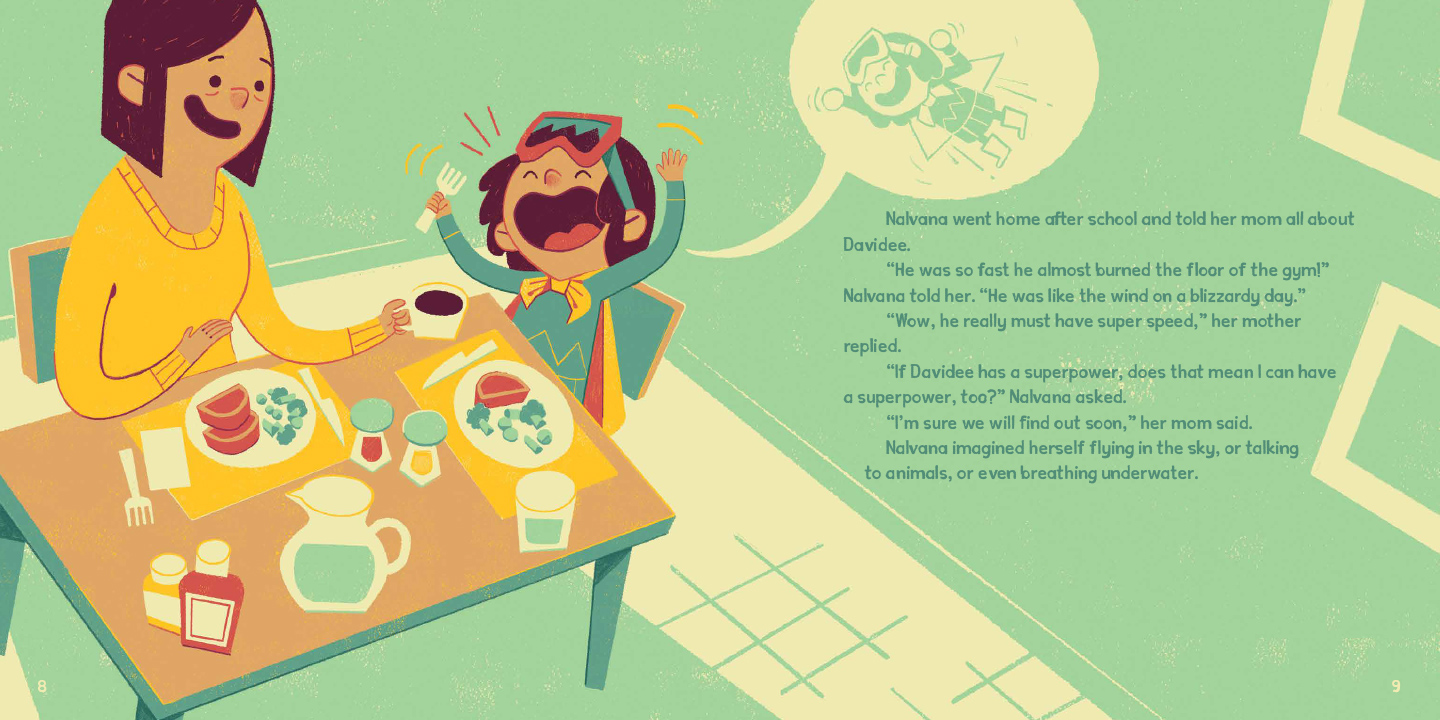 An adult and a child have a conversation and a meal at a table. The child wearing a cape and snowmobile goggles is excited.