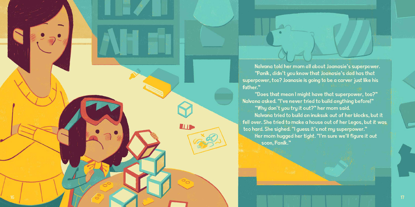 A child wearing a cape and snowmobile goggles plays with building blocks while an adult looks on.