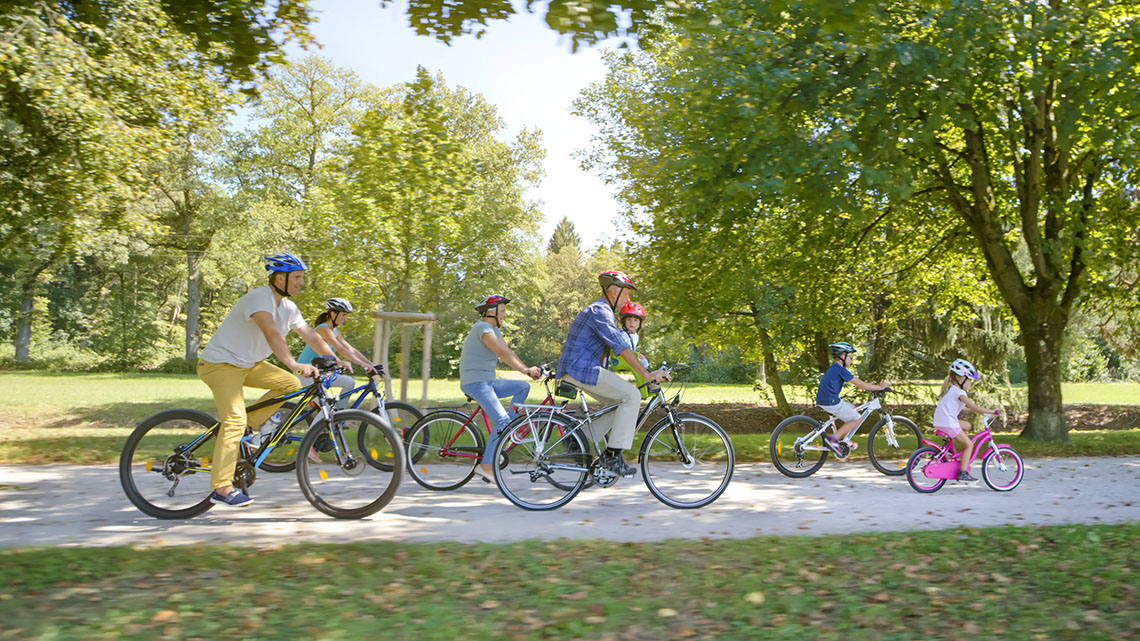 A big park has paths for people to walk and bicycle on.