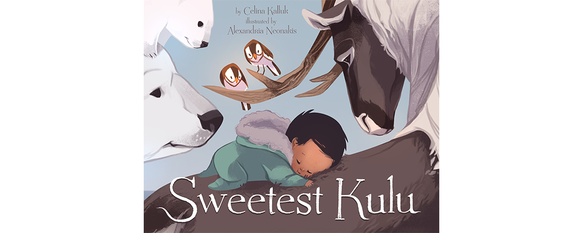 A book cover with a baby dressed in winter clothes sleeping on the back of a caribou, watched by polar bears and snow bunting birds.