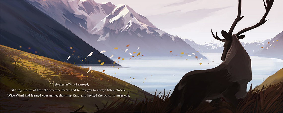 Some leaves blow in the wind on a field while a caribou looks at mountains in the background.