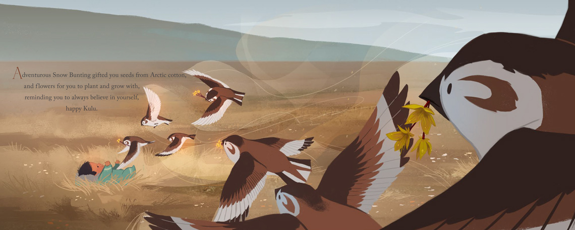 A flock of snow bunting birds bring flowers to a baby.