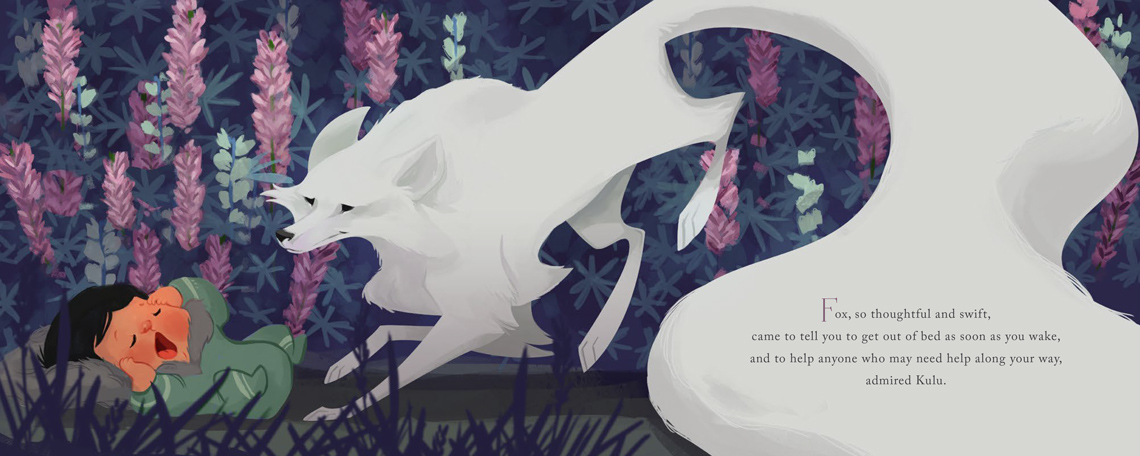 A fox standing over Kulu, who is waking up.