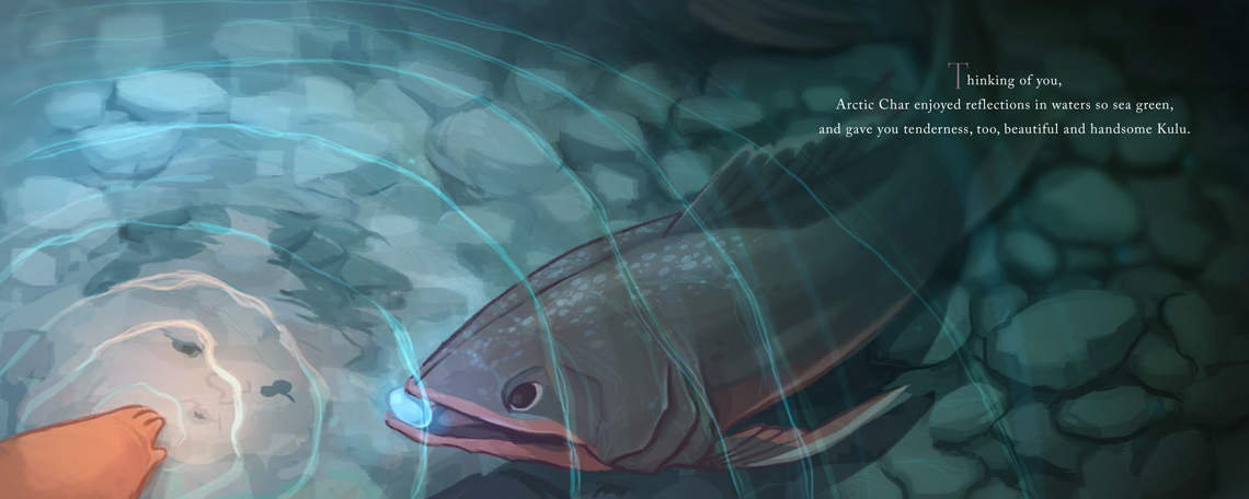 A baby looks at their reflection in the water as an Arctic char swims up to their hand.
