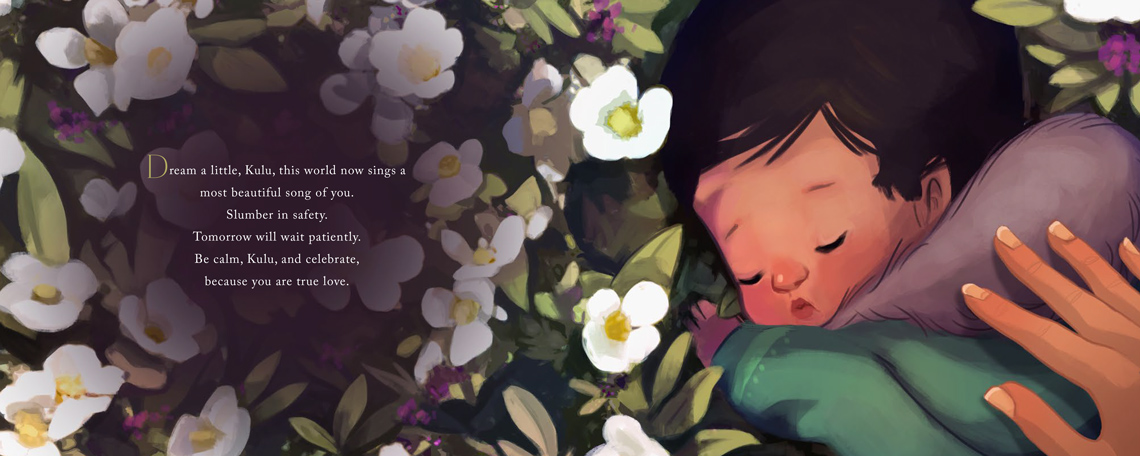 A baby sleeps on the flowers while an adult's hand is on their back.