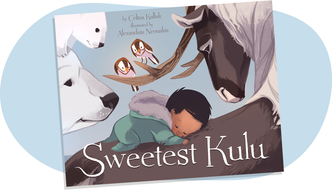 A book cover with a baby dressed in winter clothes sleeping on the back of a caribou, watched by polar bears and snow bunting birds.