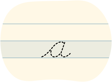 The outline of a cursive 'a' is traced by a pen to show how to write a cursive 'a.'
