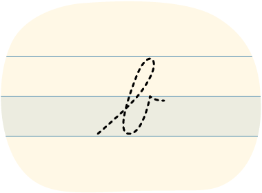 The outline of a cursive 'b' is traced by a pen to show how to write a cursive 'b.'