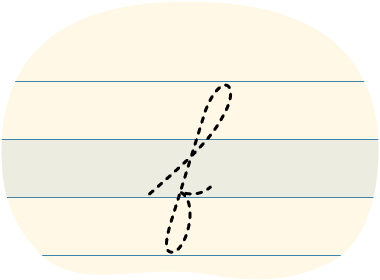 A dotted line shows the outline of the letter 'f' in lowercase cursive. A solid line traces the outline to show how to write 'f'.