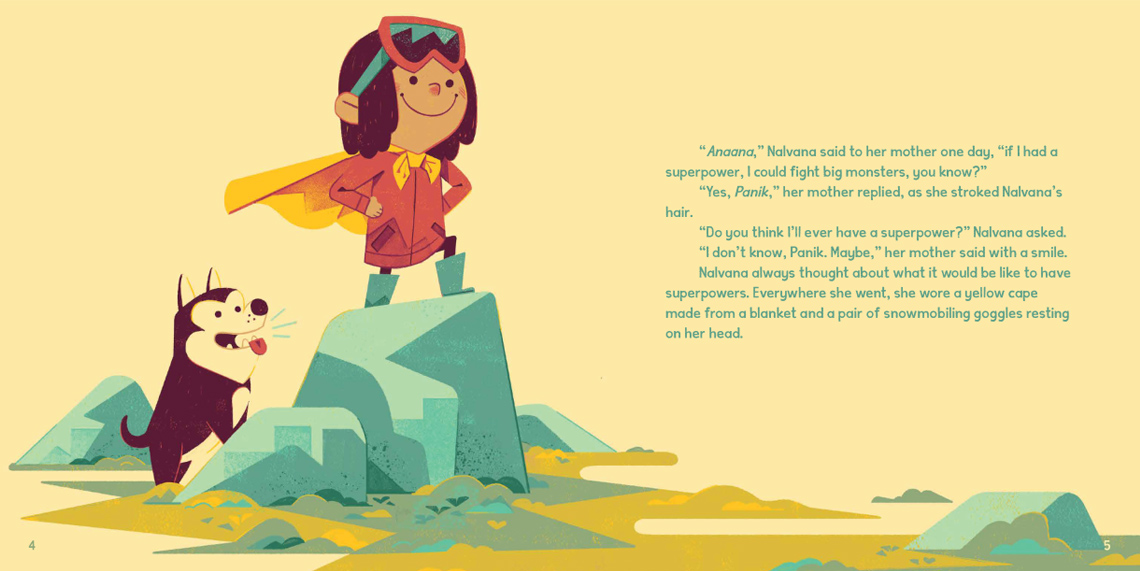 A child with a cape and snowmobile goggles resting on their head stands on top of a rock proudly with a dog by their side. 