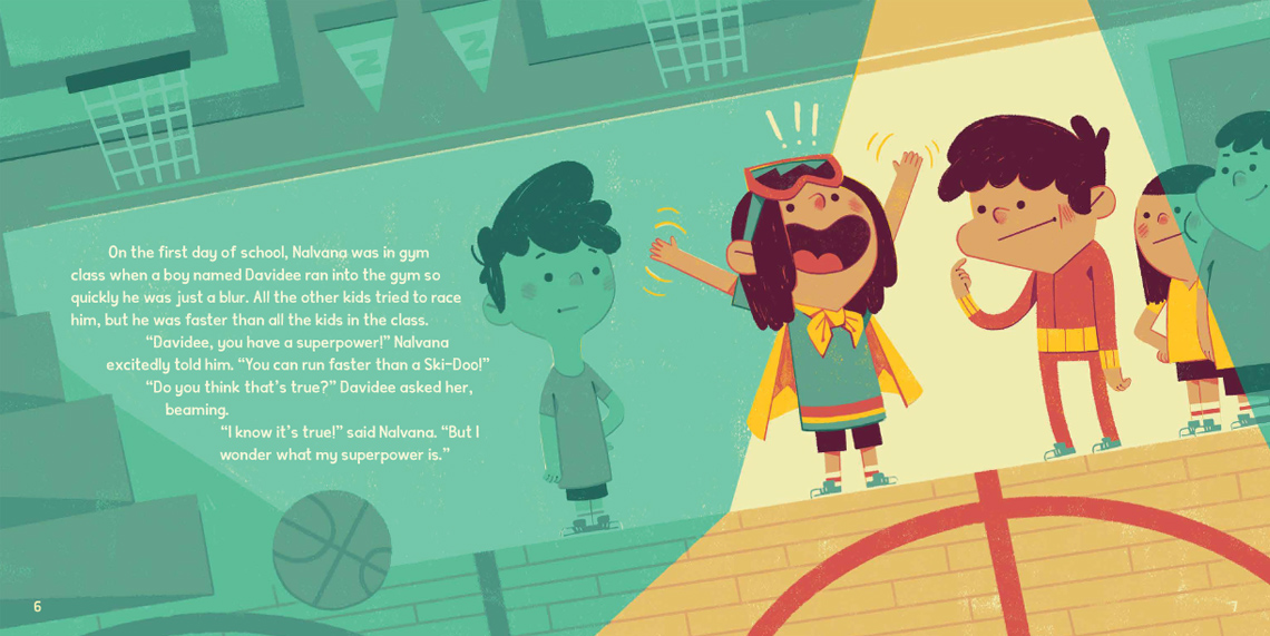 A group of children on a basketball court. A child with a cape and snowmobile googles talks excitedly with another child.