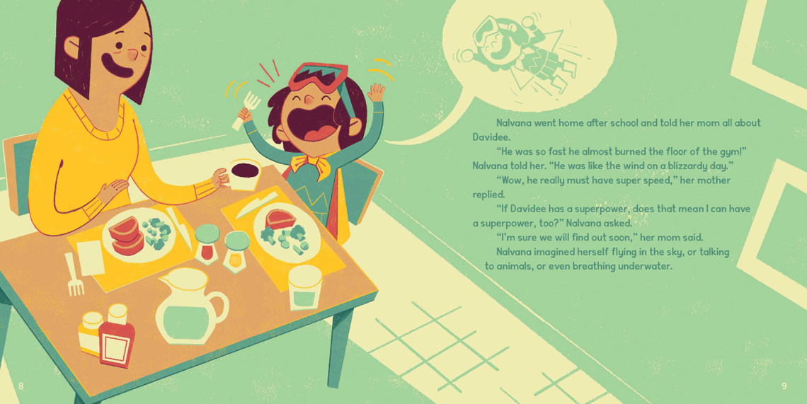 An adult and a child have a conversation and a meal at a table. The child wearing a cape and snowmobile goggles is excited.