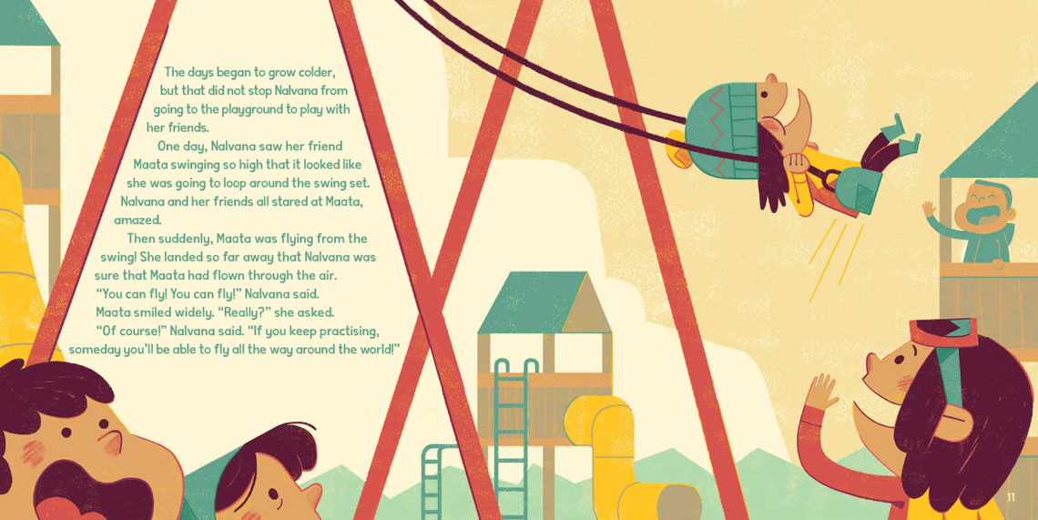 A group of children in a playground looking amazed. A child swings high on the swing set while another child cheers them on.