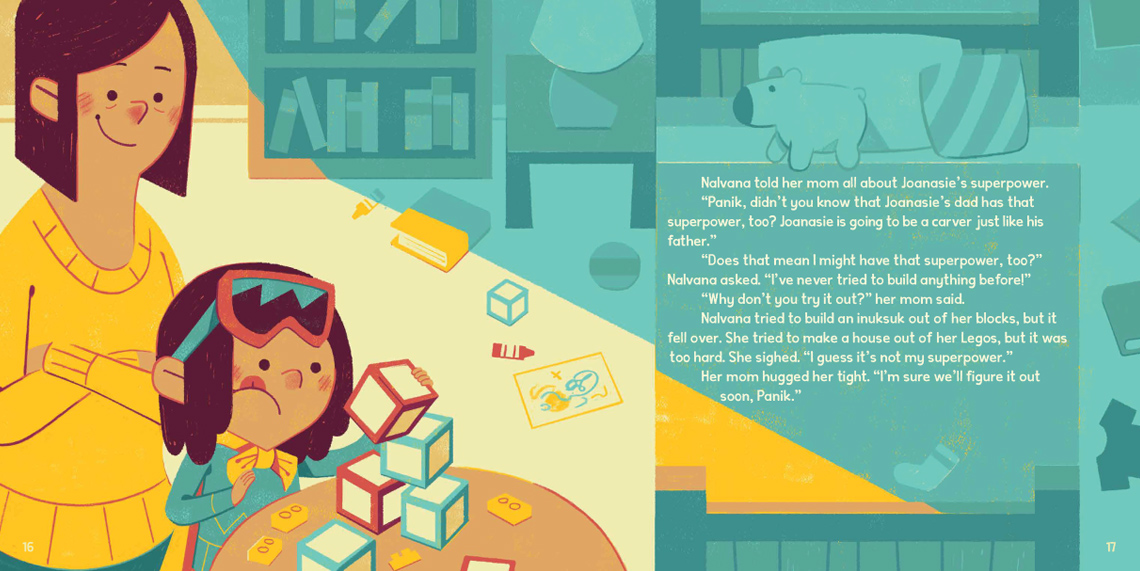 A child wearing a cape and snowmobile goggles plays with building blocks while an adult looks on.