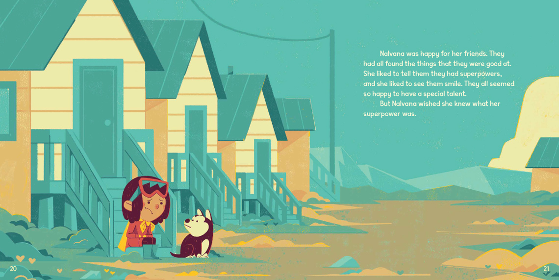 A child wearing a cape and snowmobile goggles frowning and sitting on the front steps of a house. A dog sits beside her.
