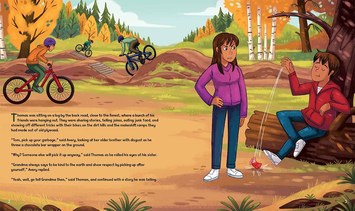 Page 2 and page 3 of the book The Dancing Trees. On page 2, three students are biking along a bike trail. On page 3, Thomas throws a chocolate bar wrapper on the ground while sitting under a tree. Avery is looking at Thomas with a disgusted look on her face.