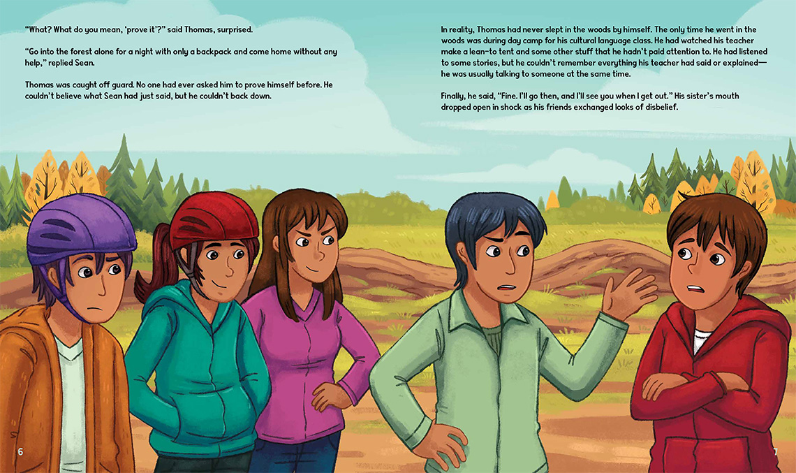Page 6 and page 7 of The Dancing Trees. 
                Sean, Thomas’ sister and his friends are looking towards Thomas, who has a concerned look on his face while Sean is talking to him about sleeping in the words by himself.