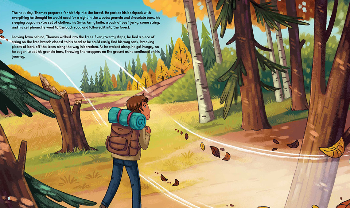 Page 8 and page 9 of The Dancing Trees. 
                Thomas is walking with a backpack towards the forest.