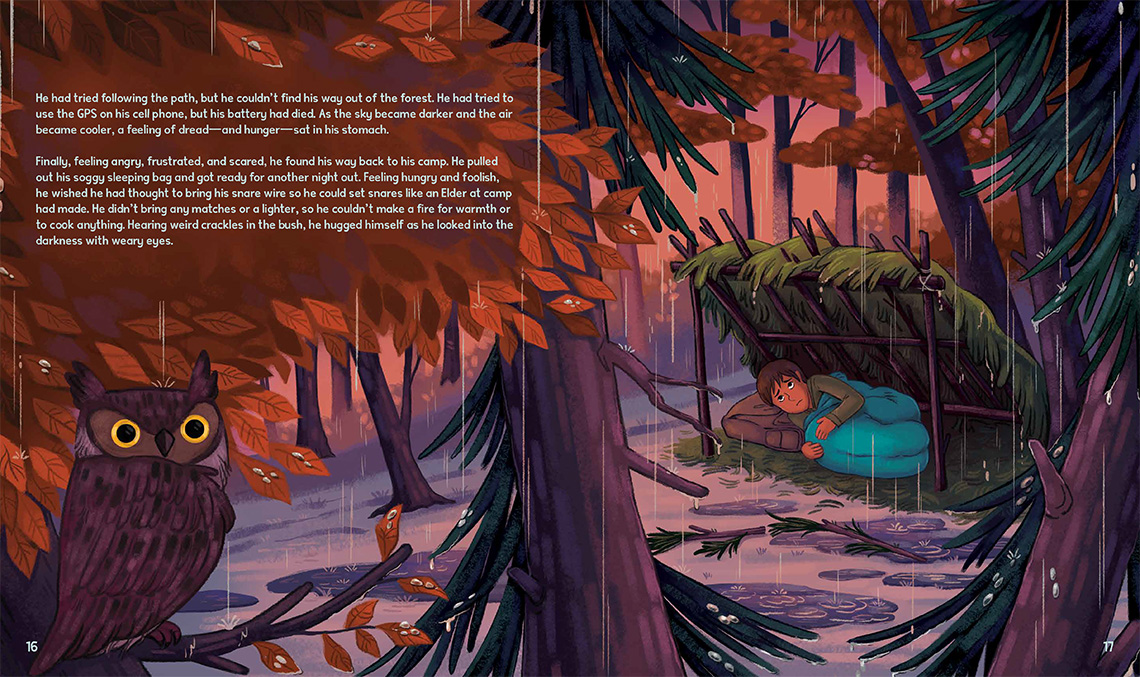 Page 14 and page 15 of The Dancing Trees. 
                Thomas is surrounded by trees in the middle of the rest, as it rains around him. He has a worried look on his face.