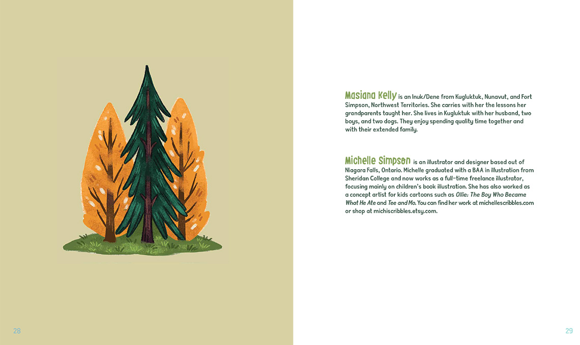 Page 28 and page 29 of The Dancing Trees. 
                Page 28 has an illustration of 3 trees; page 29 includes a brief profile description of the author of this book, Masiana Kelly, and the illustrator, Michelle Simpson.