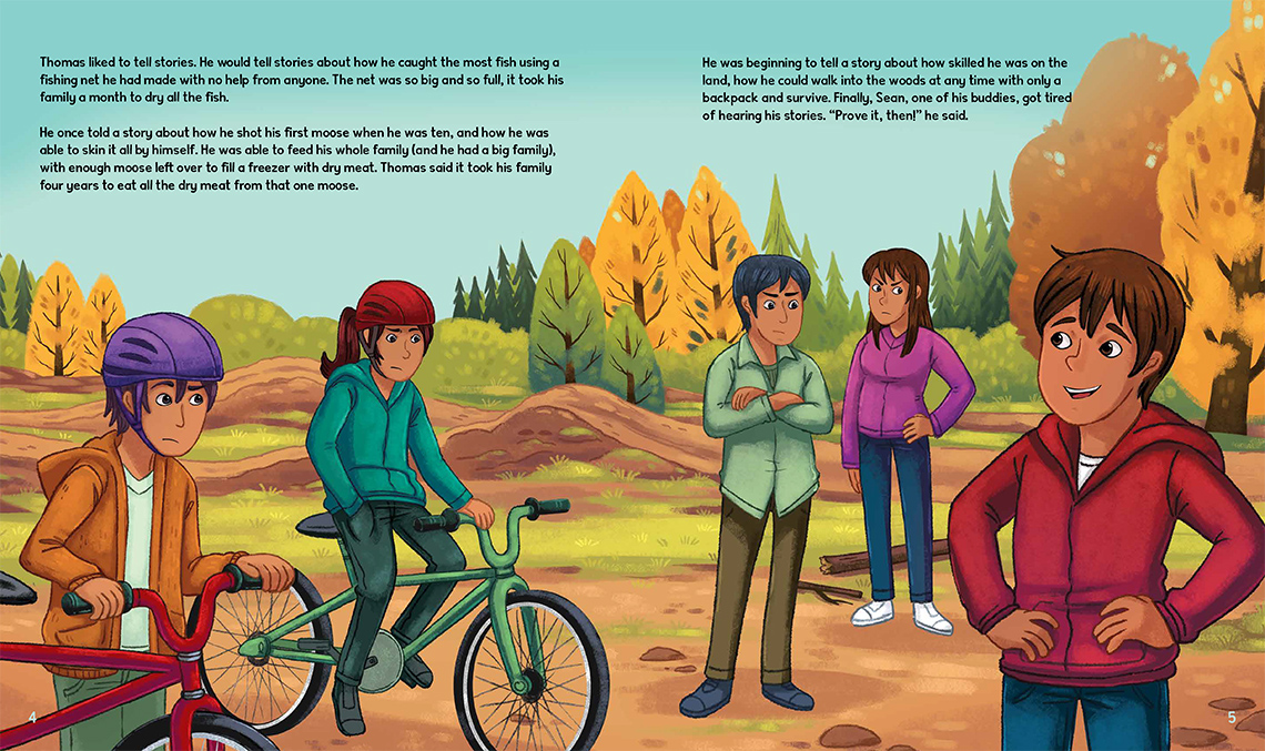Page 4 and page 5 of The Dancing Trees.
                Thomas is telling a story to three of his friends, including Sean, and his sister, Avery. Two of his friends are on their bikes, while Sean and Avery are standing close to him. His friends and his sister have a tired look on their faces as they are listening to his stories.  