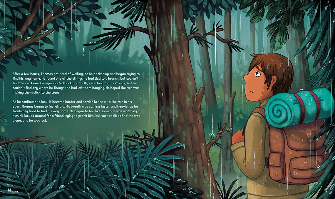 Page 14 and page 15 of The Dancing Trees.
                Thomas is surrounded by trees in the middle of the rest, as it rains around him. He has a worried look on his face. 
