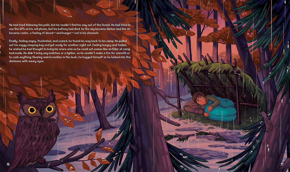 Page 14 and page 15 of The Dancing Trees.
                Thomas is surrounded by trees in the middle of the rest, as it rains around him. He has a worried look on his face. 