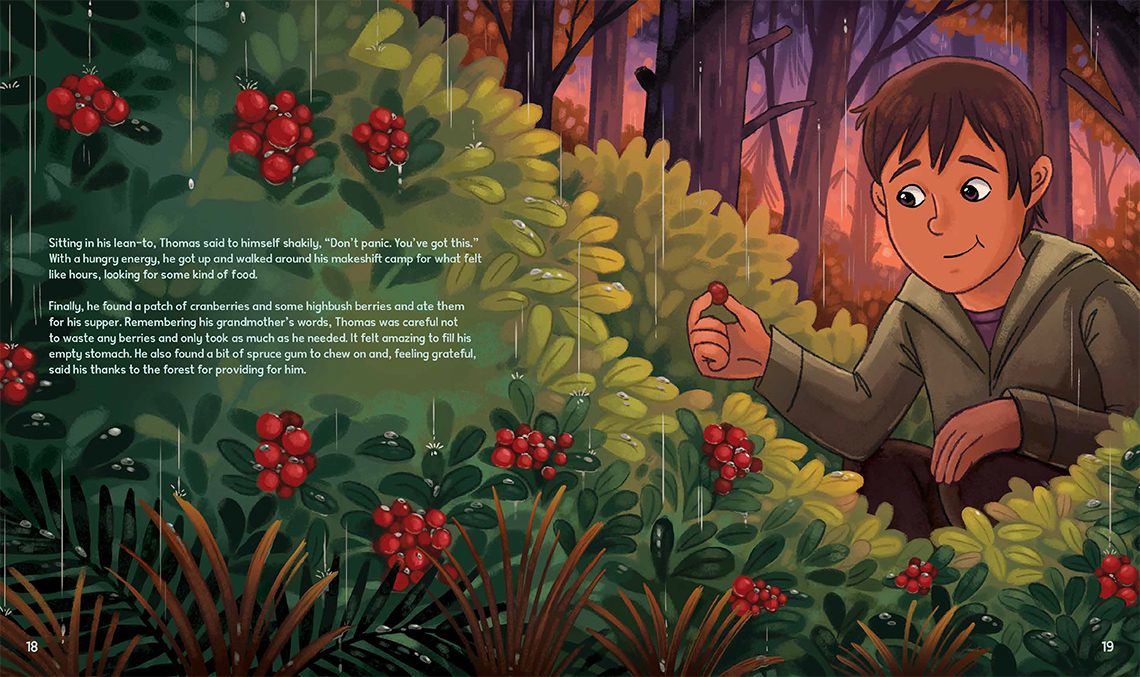 Thomas is squatting by a patch of cranberries and highbush berries in the rain. He is holding one berry in his hand and he is smiling.