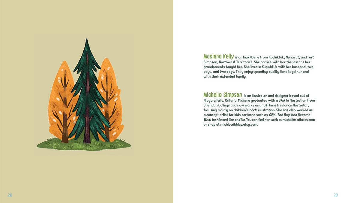 Page 28 and page 29 of The Dancing Trees. 
                Page 28 has an illustration of 3 trees; page 29 includes a brief profile description of the author of this book, Masiana Kelly, and the illustrator, Michelle Simpson. 