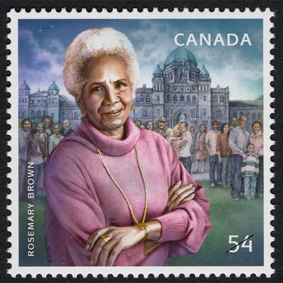 A stamp featuring a portrait of Rosemary Brown standing in front of the British Columbia Legislative Building. 