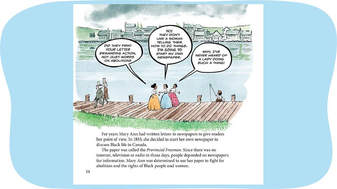 A graphic novel page with three Black women walking on a dock and discussing an issue. There is a caption at the bottom. 