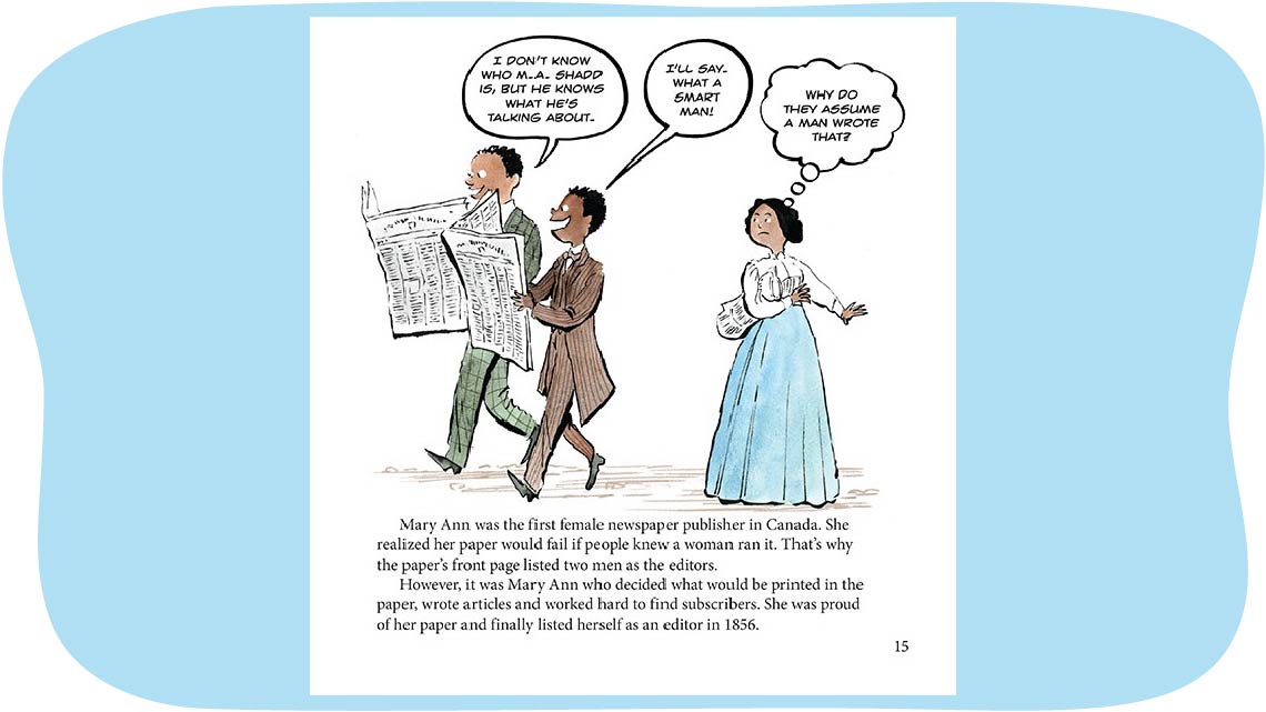 A graphic novel page with two Black men discussing the newspapers. The Black female journalist reacts to what the two men say.   