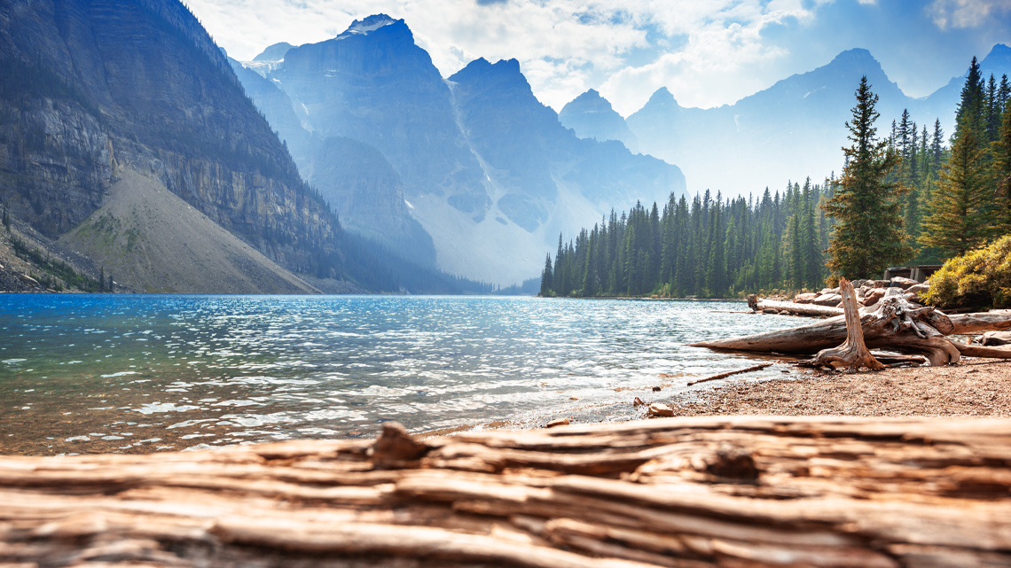 Moraine Lake in Banff National Park is surrounded by forests and mountains.
