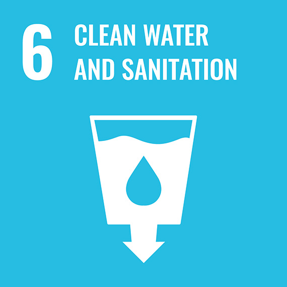 UN’s Sustainable Development Goal #6: Clean water and sanitation, with a symbol of a cup of water with an arrow pointing down.