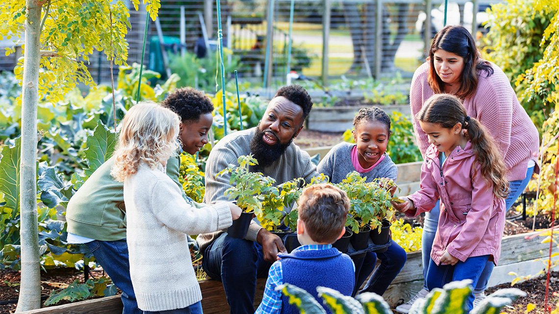 A person holding a potted plant teaches a group of children how to grow vegetables at a community garden.