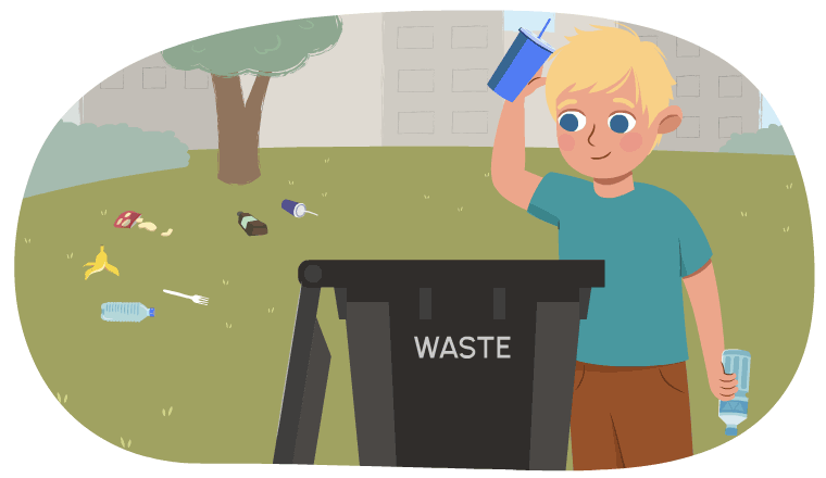 Child disposing waste item into a bin.