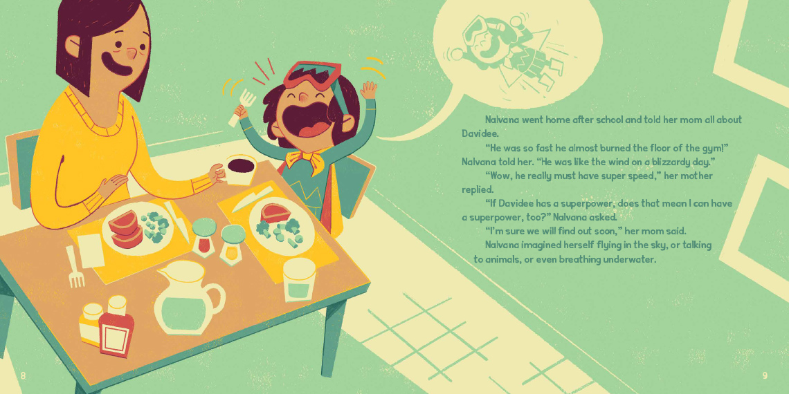 Nalvana and her mother chatting and eating dinner at a table. Nalvana is imagining herself flying through the air.