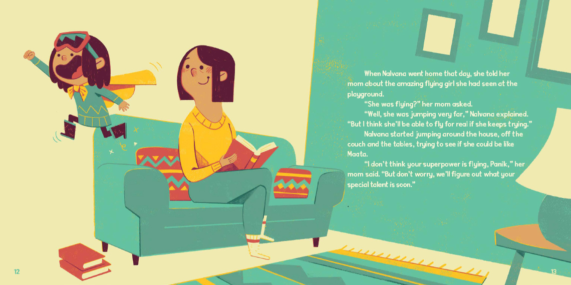 Nalvana leaps off the back of a couch where her mom is reading. There is a rug on the floor, a table, a lamp, and pictures on the wall.