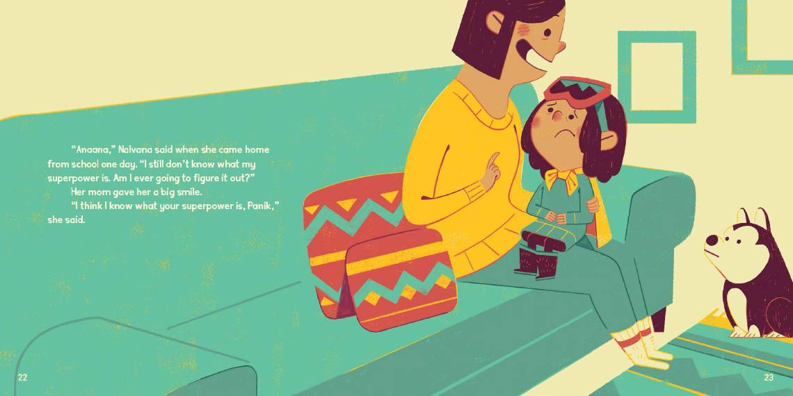 Nalvana sitting on her mother's lap on the couch, looking sad. The dog is on the carpet looking at them