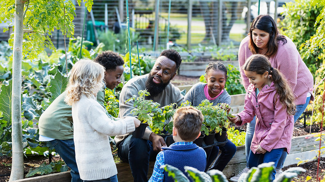 A person holding a potted plant teaches a group of children how to grow vegetables at a community garden.