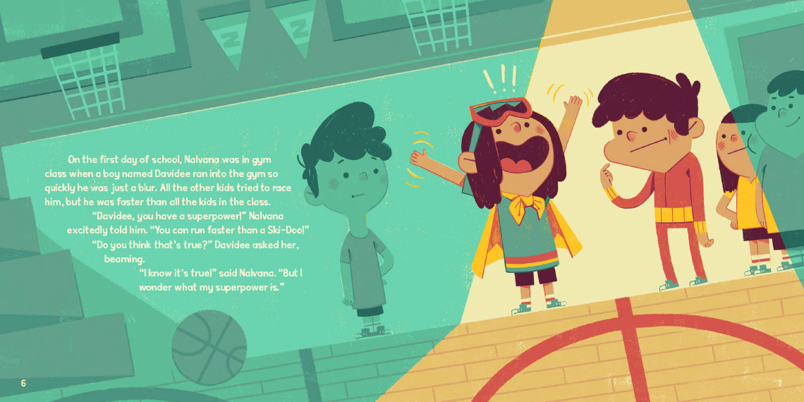 Nalvana, with her arms raised, excitedly talks to a classmate named Davidee on a basketball court.